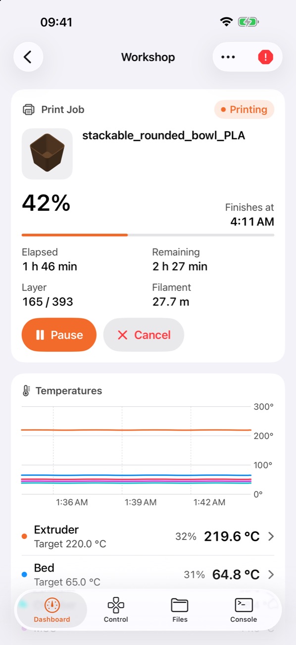Print job at 42 percent with finish time, layer, filament and a temperature chart