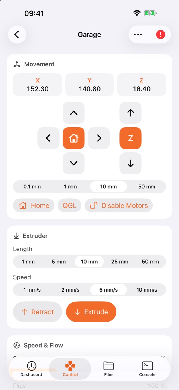 Movement and extruder controls with step sizes