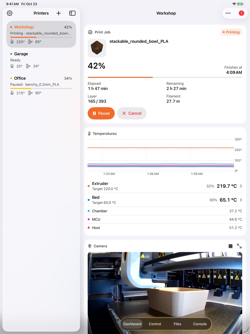 KlippBoy on iPad: the printer list next to a print at 42 percent with its temperatures and camera